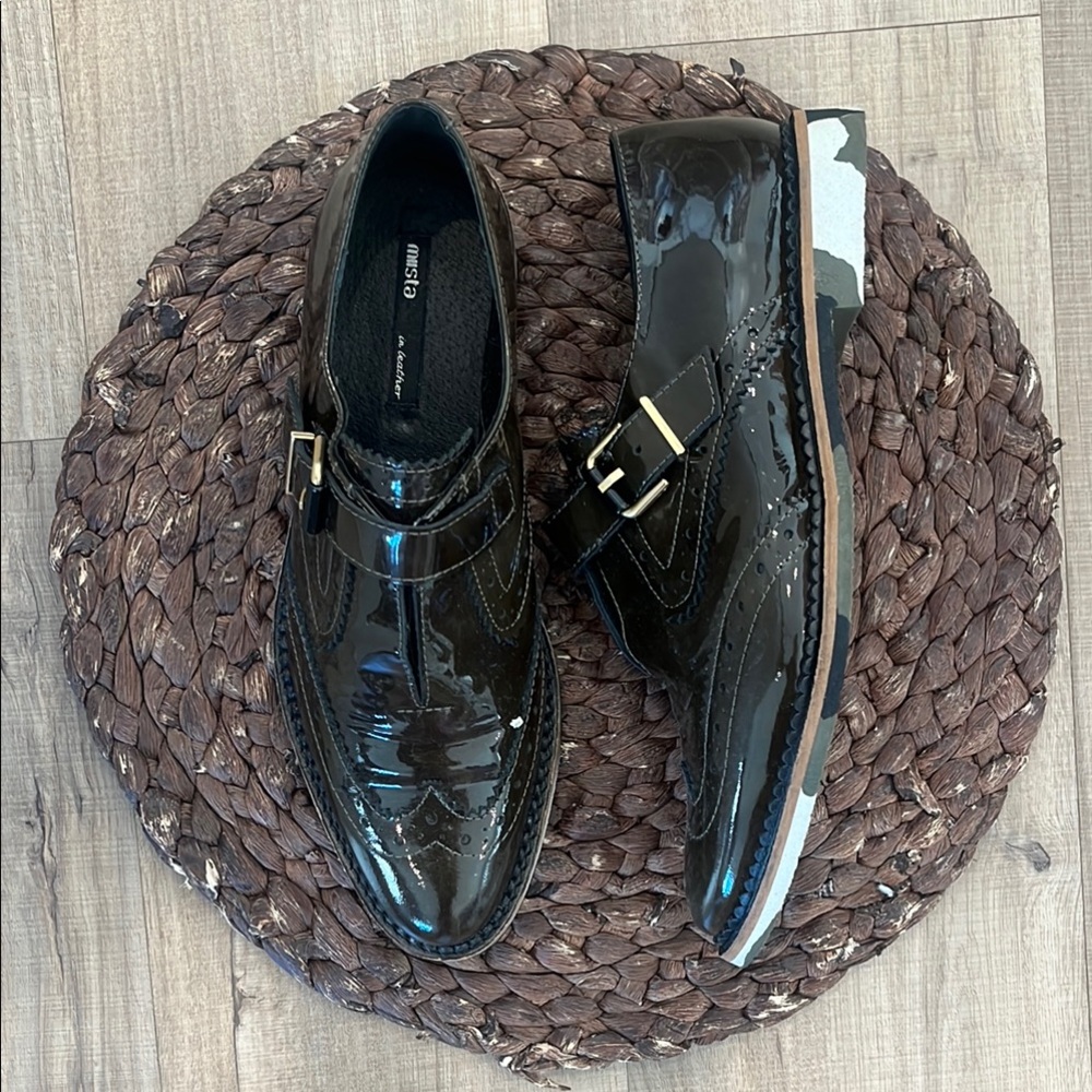 Musto Men's Dark Green Patent Leather Loafers Size 40